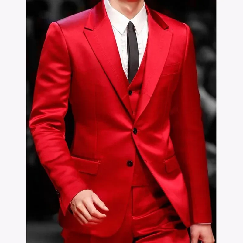 Red Mens Prom Suits For Party Dinner Wedding Groom Tuxedo Slim Fit Groomsmen Fashion Peaked Blazer (Jacket+Pants+Vest)