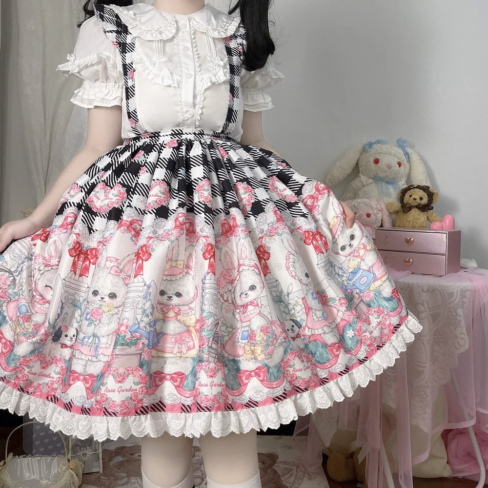 Lolita Rose Rabbit Print Dress Cute Half Skirt Short Skirt SK Strap Skirt Gothic Dress Tea Party Sweet Lolita Skirt With Shirt