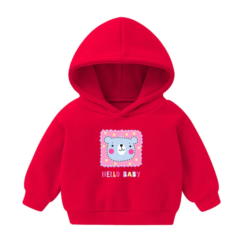 Cartoon Print Red Solid Hooded Sweater Kid Soft Clothing Fall Winter Boy Girl Long-sleeved Tops Children Pullover New Sweatshirt