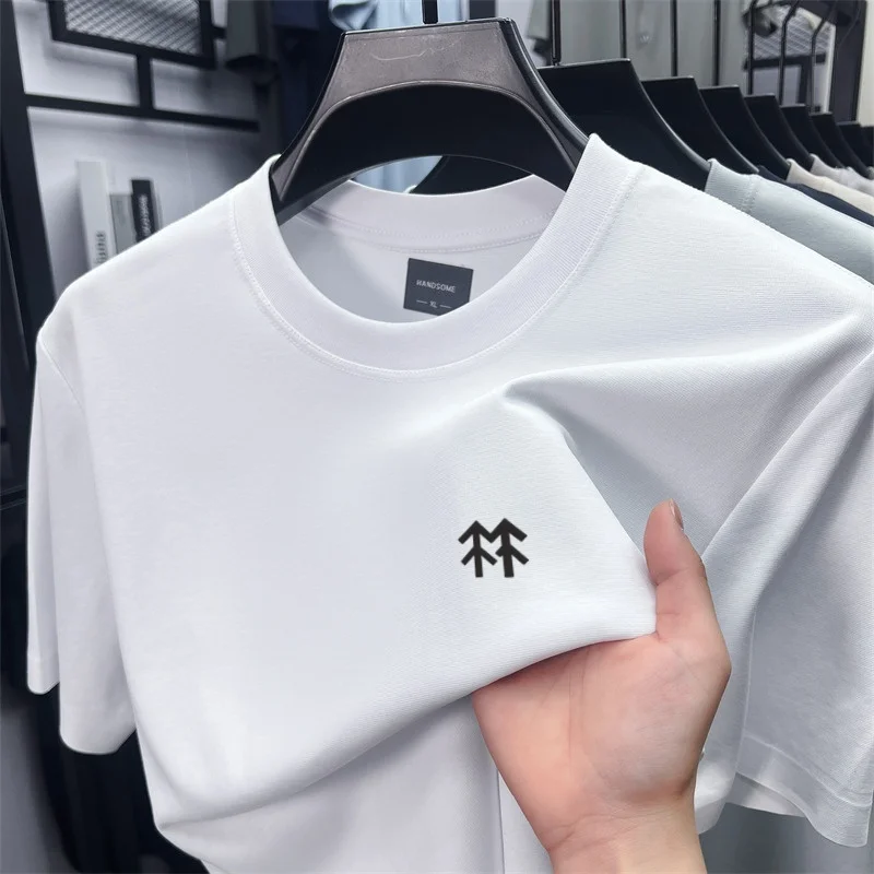 High end ice silk cotton breathable short sleeve T-shirt men's summer trend designer brand embossed casual round neck sports top