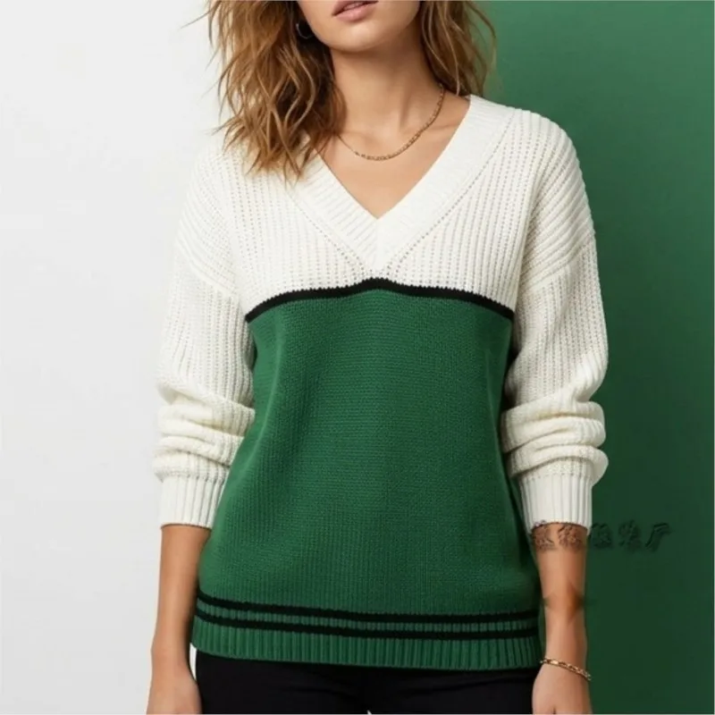 Fashion Striped Color Block Knit Sweater V Neck Long Sleeve Loose Pullover Knitted Jumper Casual Autumn Winter Daily Tops