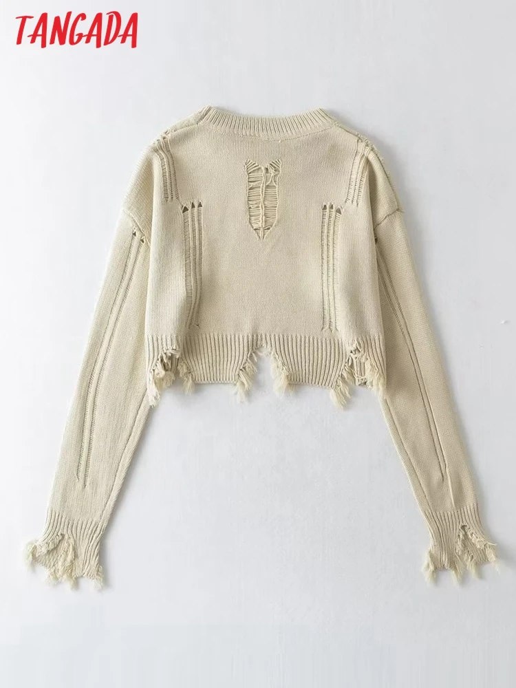 Tangada Women 2022 Hollow Crop Knitted Sweater Jumper O Neck Female Elegant Oversize Pullovers 2U26