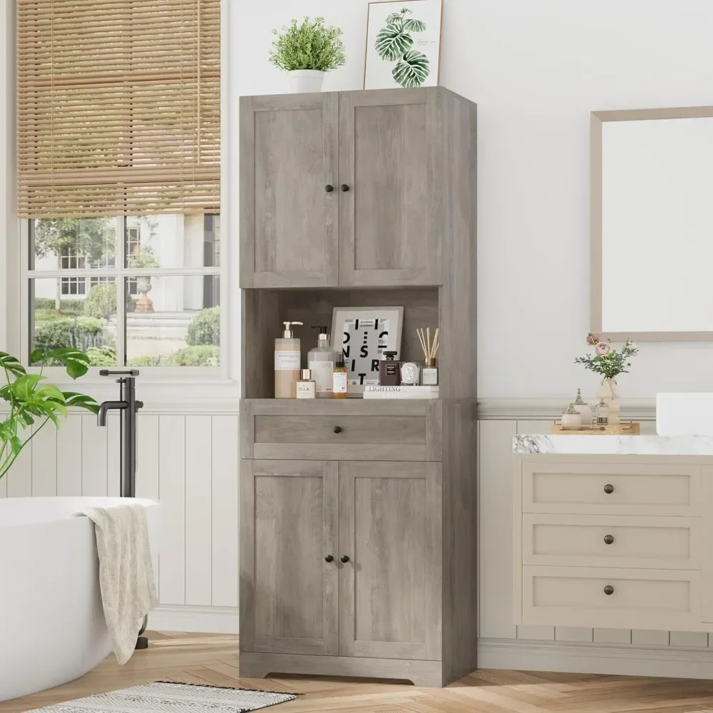 

High Quality Storage Cabinets with 4 Doors & Shelves & Drawer, Modern Farmhouse Linen Cabinet, 67” Tall Storage