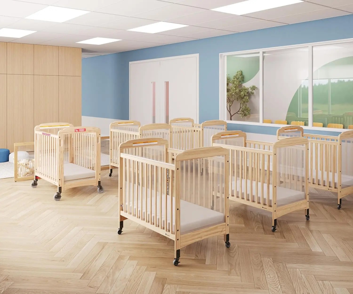 Serenity Compact Clearview Daycare Crib, Fixed Side, Durable Wood Construction, Adjustable Mattress Board, Clear End Panels.