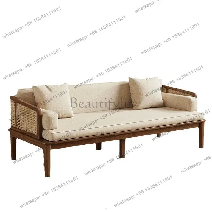 New Chinese rattan solid wood sofa bed push-pull retractable dual-purpose sofa