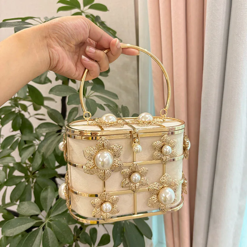 Hollow silk satin metal heavy industry vegetable basket bucket bag banquet diamond flower messenger bag
