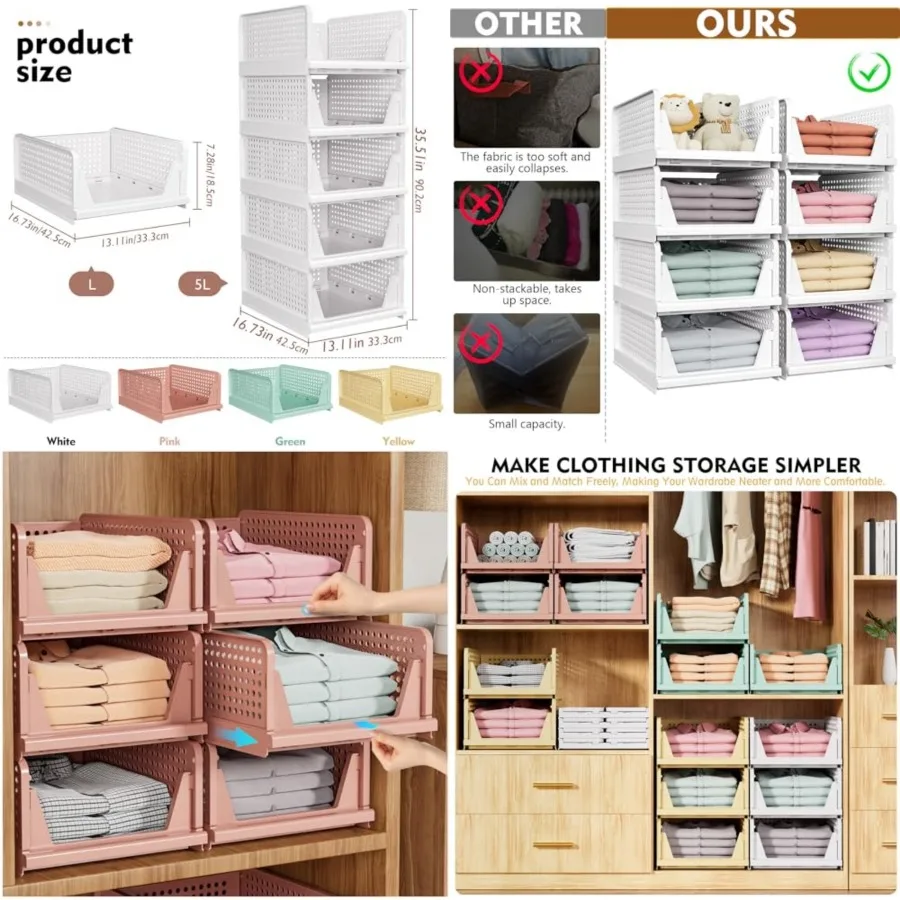 

Stackable Closet Organizer Box, Multifunctional and Foldable Closet Storage Basket for Bathroom Kitchen Laundry Room Wardrobe S