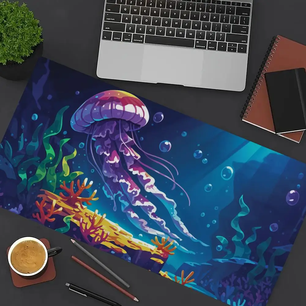 

Deep Sea Jellyfish Mouse Pad Large Computer Office Game Table Mat XXL Rubber Non-slip Stitched Edge Keyboard Mats Long Desk Pads