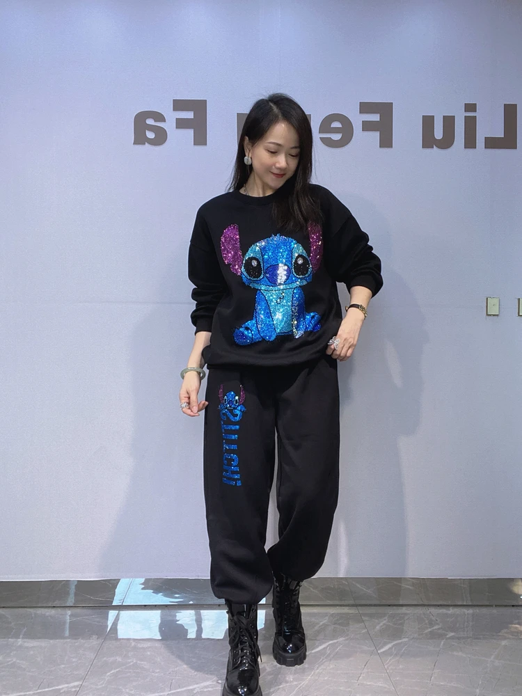 

Heavy Du Rhinestone Set round Ne Sweatirt Loose Long Sve Trousers Two Piece Set Women's Faion Casual Autumn Winter...