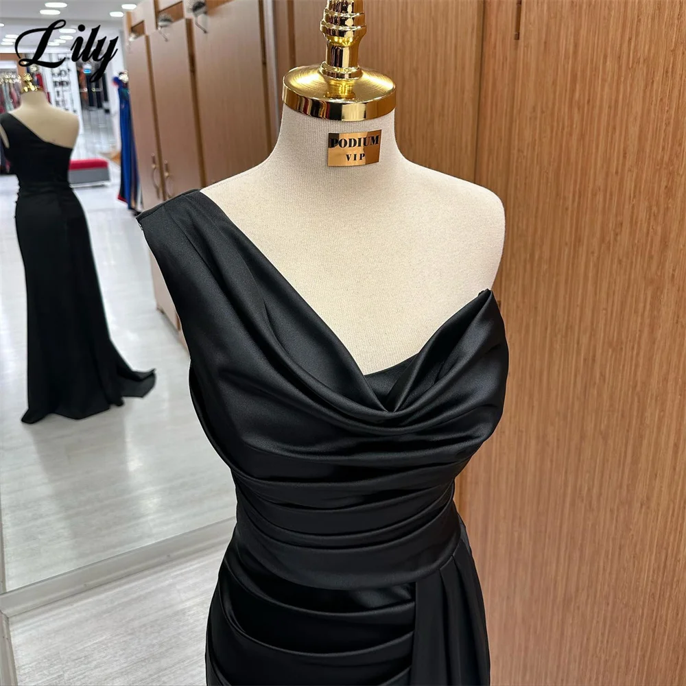 Lily Black Prom Dresses Sweetheart Evening Dress Simple One-Shoulder Mermaid Party Dress With Pleat Satin فساتين مناسبة رسمية