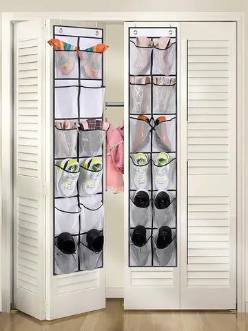 12 Pockets Over the Door Shoe Organizer Large Mesh Pockets With 2 Hooks Transparent Fabric Shoe Rack Storage Bag For Bedroom