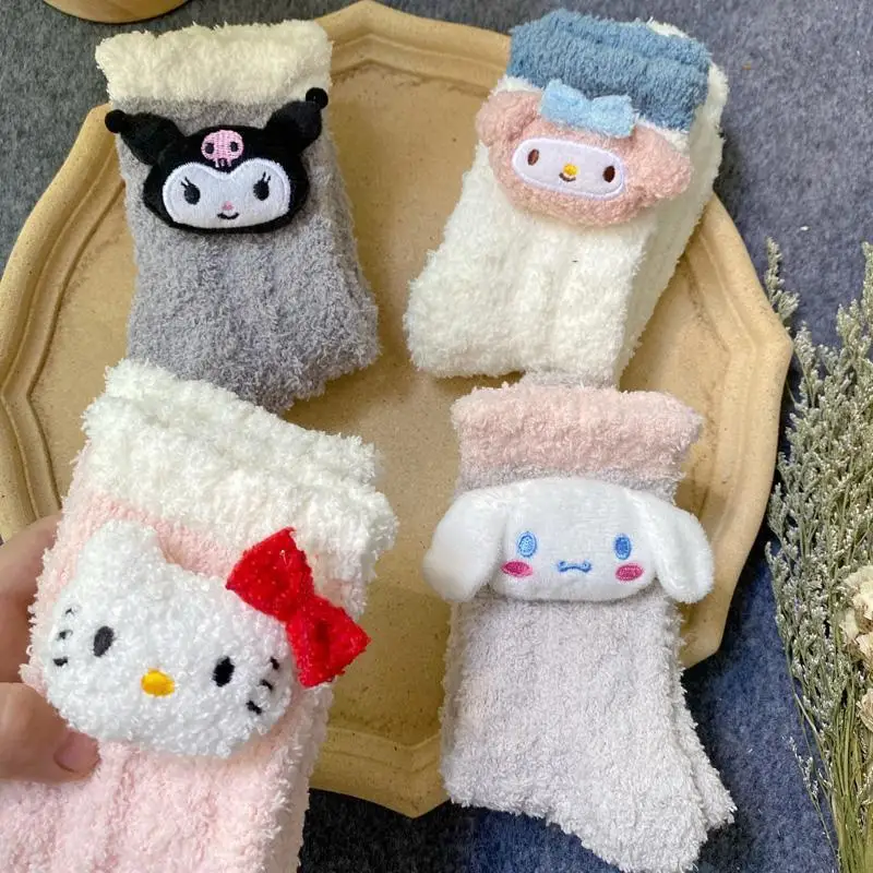 hot MINISO Embroidery Coral Fleece Girl Piles of Socks Kawaii Hello Kitty Cartoon Cute Sleep Floor Thickened Socks Fashion kit