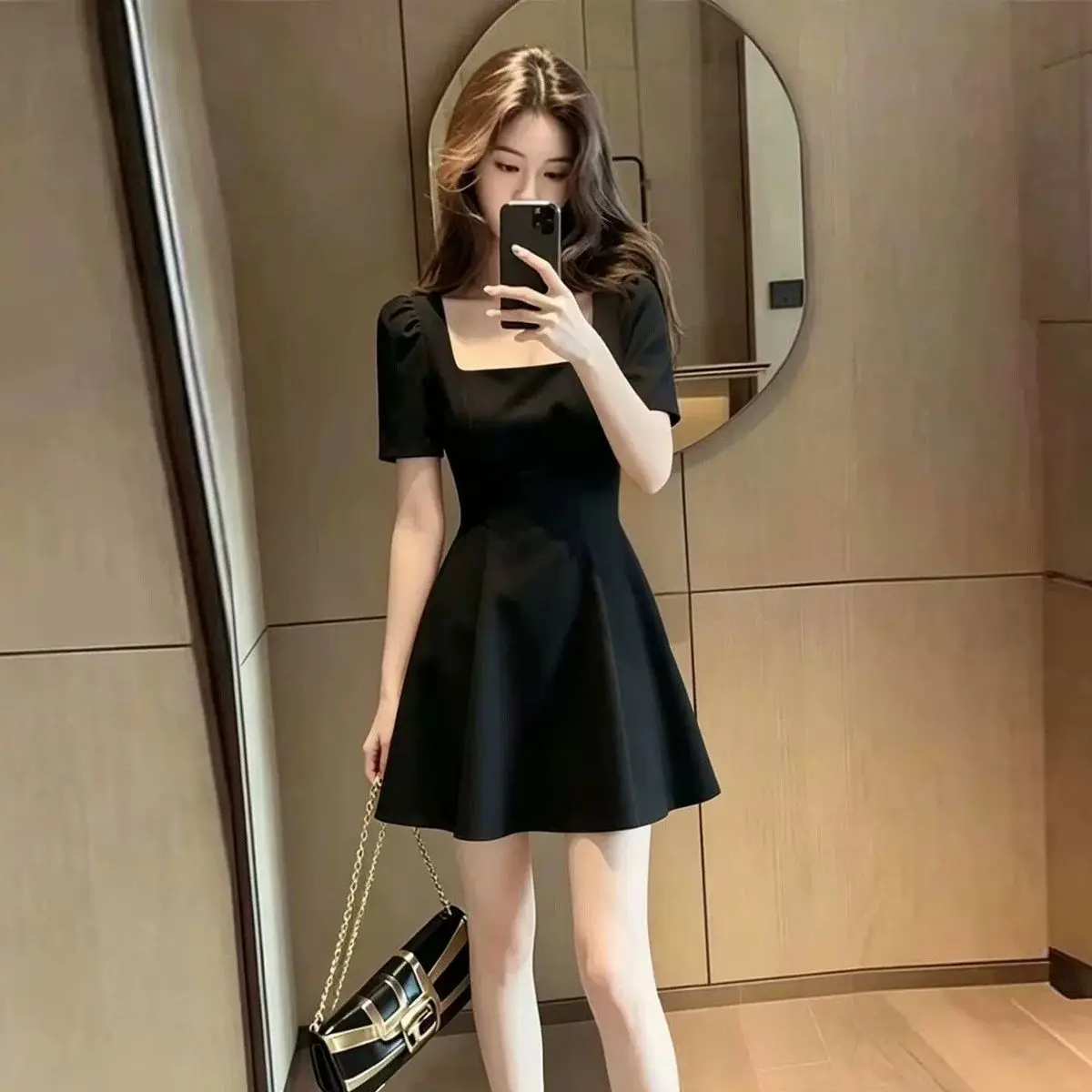 Summer 2026 Fairy Skirt Women's Bubble Sleeve Dress Slimming Waist Short A-Line Dress Casual Style Polyester Fiber Non-Elastic