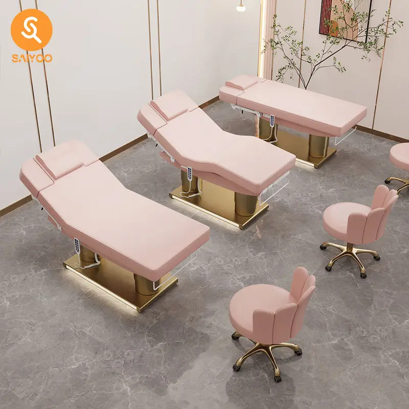 Luxury Pink Folding Electric Massage Facial Table With 4 Motors and Stainless Steel Frame