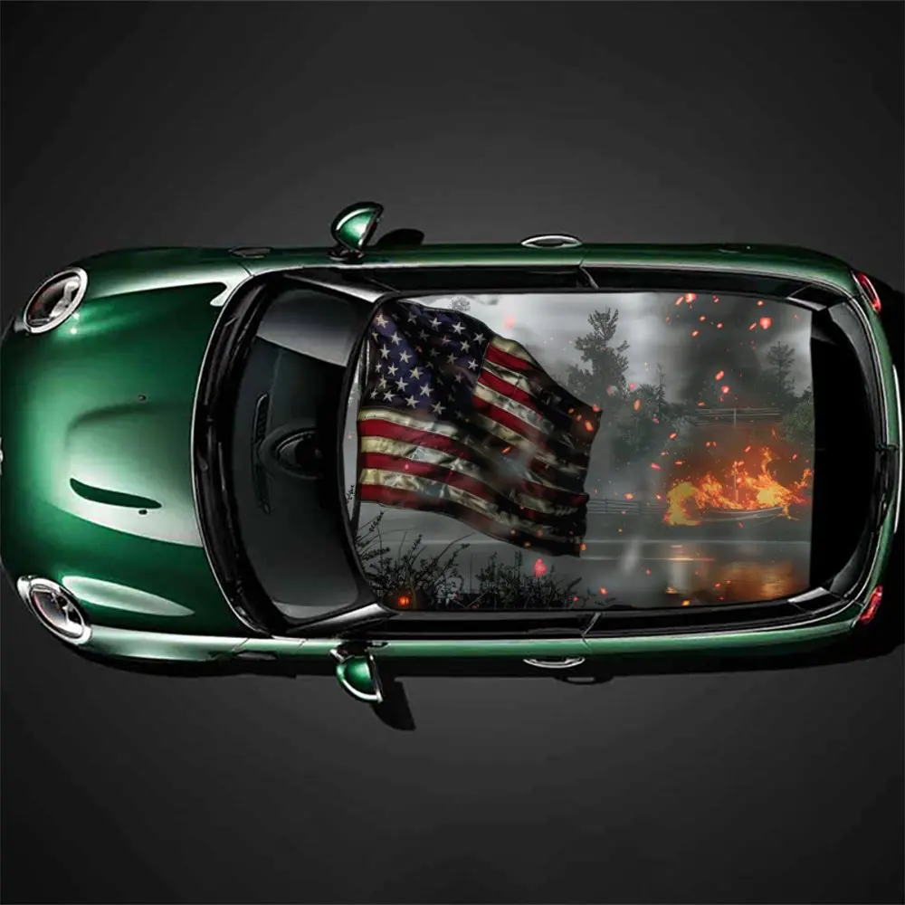 

American Flag Fluttering in Midst of War Car Roof Sticker Wrap Racing SUV Auto Accessories Packaging PVC Car Hood Graphic Decal