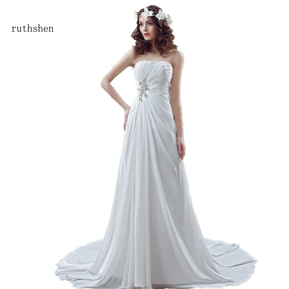 

Romantic Wedding Dresses Cheap In Stock Strapless Pleats Draped Chiffon Sweep Train Real Vestidos Baratos 2023 Vestido De Boda