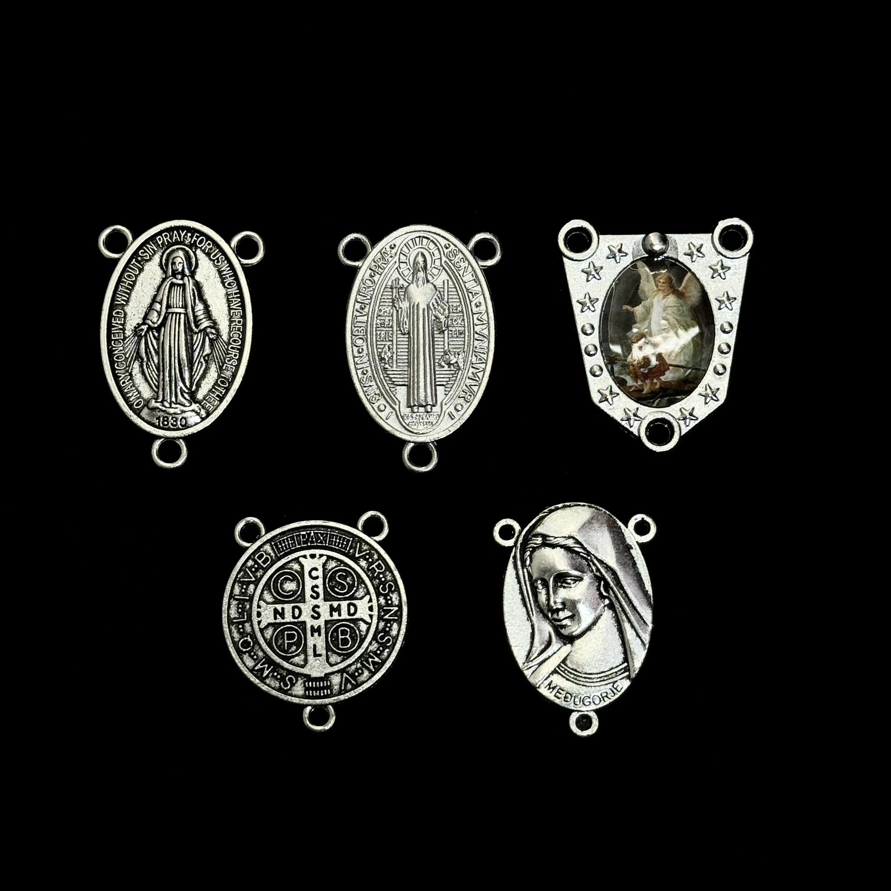 10Pcs 3-Hole Catholic Rosary Centerpiece Connectors Miraculous St Benedict Virgin Mary Charms for DIY Jewelry