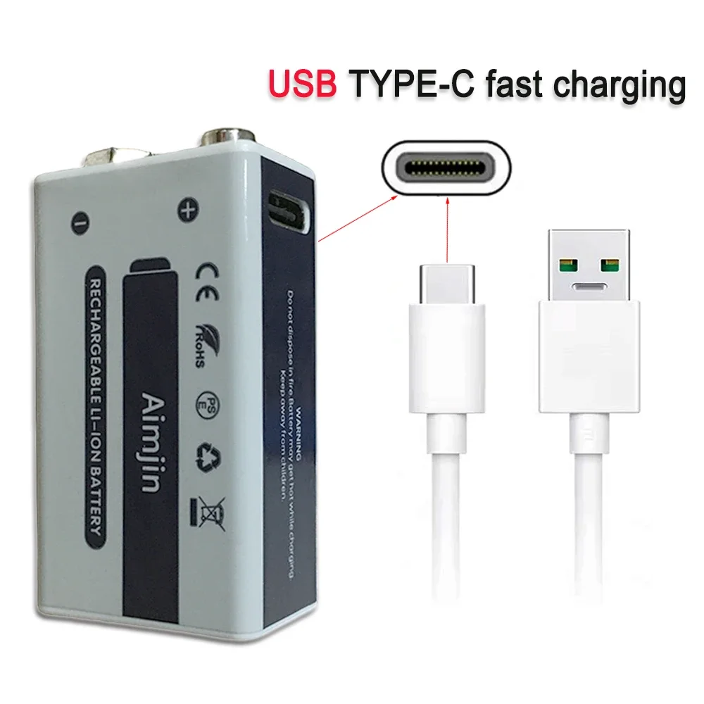 New 100% Original 9V 1800mAh Fast Charging Li-ion Battery USB TYPE-C For Microphone, Toy Remote Control,Alarm+Data Cable