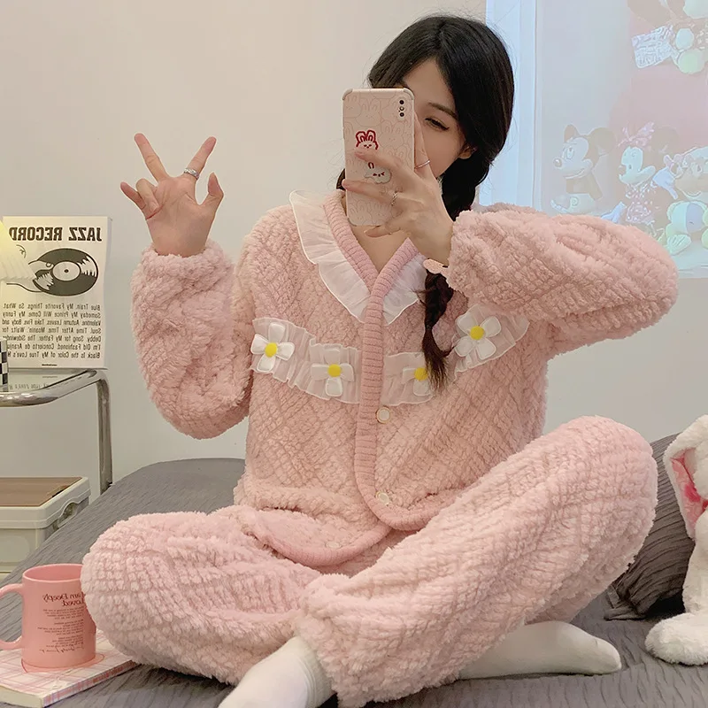 

M-5XL Plus Size Coral Fleece Pajamas Set Women Winter Thick Sleepwear Princess Style Cardigan Long Sleeve Trousers Loungewear