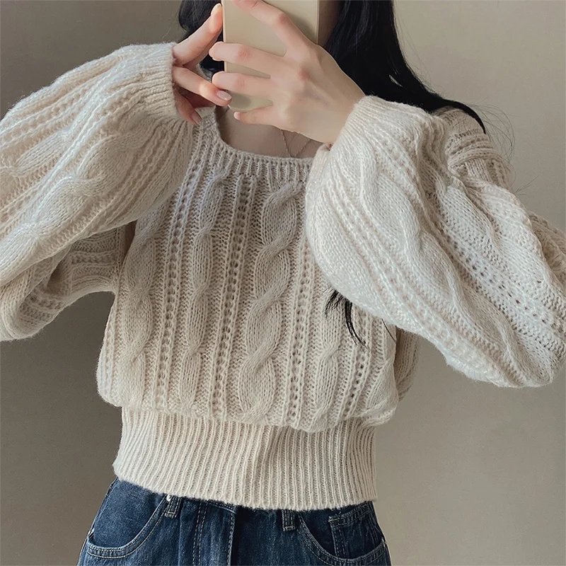 Vintage torção gola quadrada camisola feminina primavera outono chique cintura cinched recortado pullovers coreano cor sólida camisola de malha
