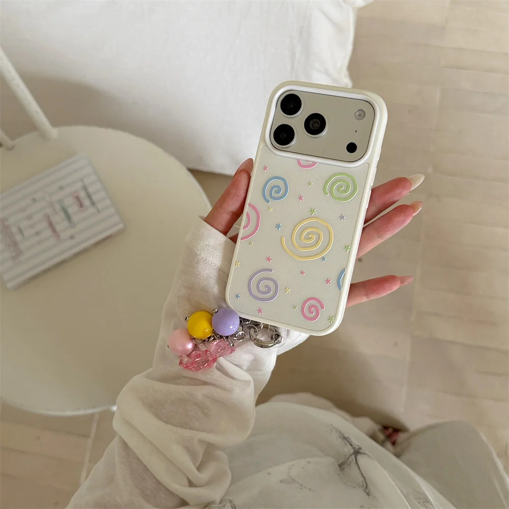 Cute Color Swirl Spiral Case For iPhone 15 16 17 ProMax With Bear Chain Pendant Shockproof Hard Protective Phone Cover Girls