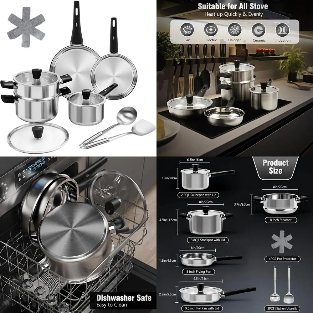 

Набор посуды из 14 предметов из нержавеющей стали: нетоксичный, индукционный, с прохладными ручками, без PFAS, можно мыть в посудомоечной машине.