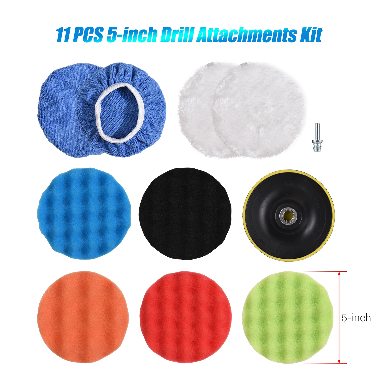 11PCS 5inch Car Polishing Pad Foaming Buffing Waxing Sponge Wool Bonnet Pad Self Adhesive Disc Drill Attachments Cleaning Pad