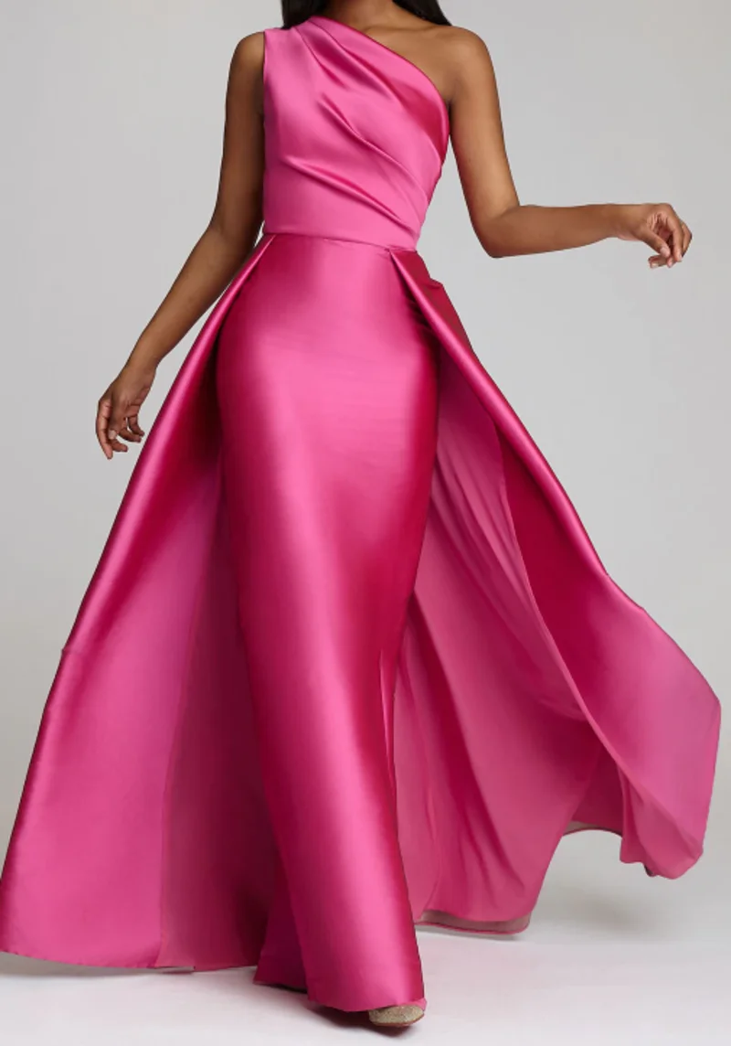 2024 Elegant Dress Wedding Guest Cocktail Party Sheath / Column Evening Gown Floor Length Sleeveless One Shoulder Satin