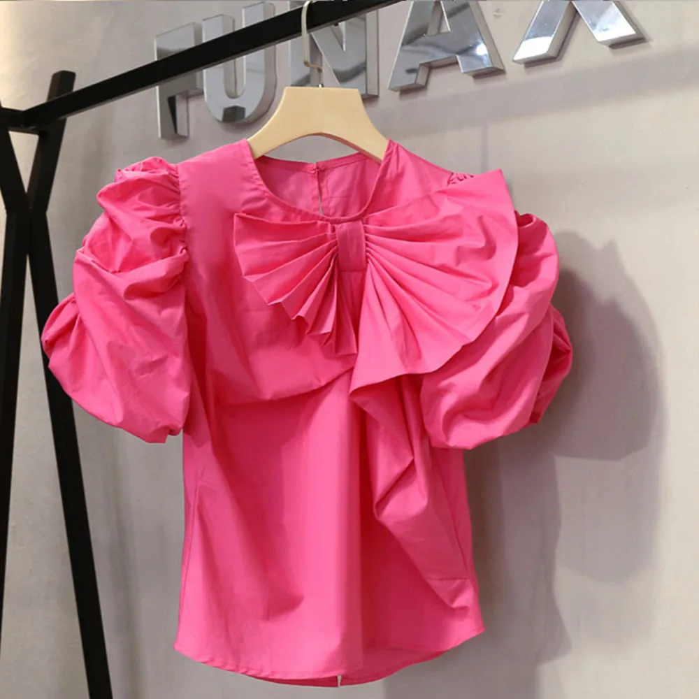 

Slim Tunic Top Mujer 2022 Stylish Solid Blouse Women Casual Short Puff Sleeve Shirt Vintage Flouncing Bow Chemise