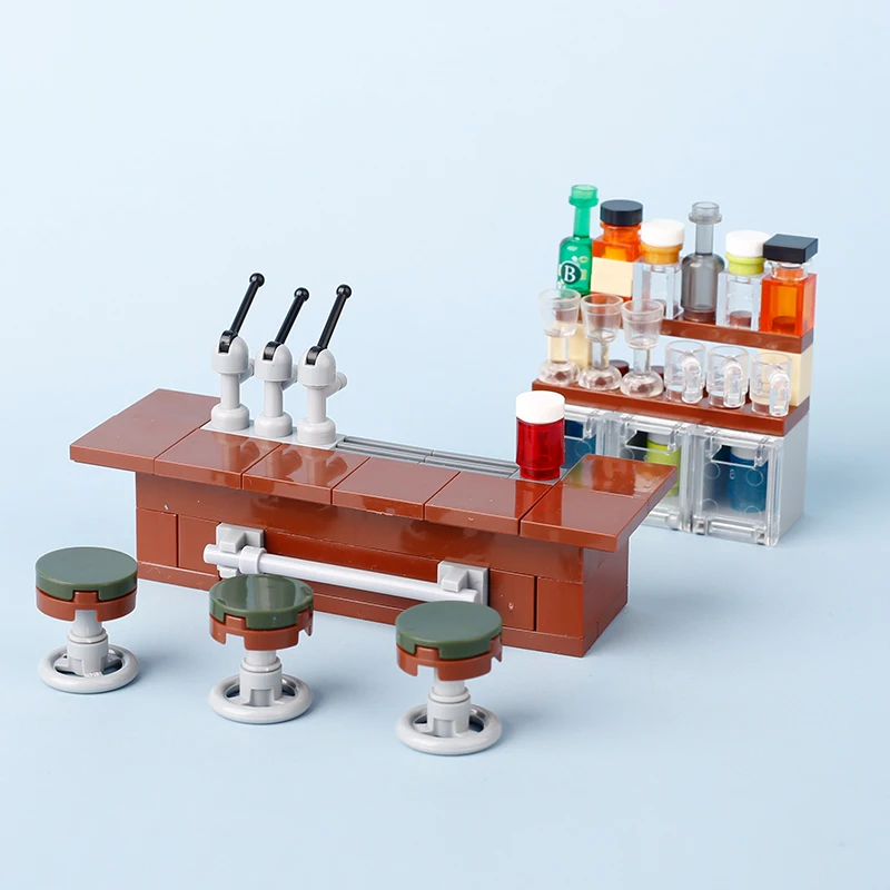 MOC City Bar Counter Building Blocks Kit Liquor Beer Wine Cabinet Hotel Pizza Oven Kitchen Stove Garbage Can Bricks Toys