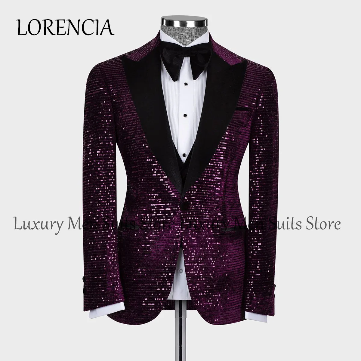 Sparkly Slim Fit Crystal Men Suits Beaded Lapel Wedding Groom Tuxedos 3 Pieces Sets Male Prom Blazers Slim Formal Groom Tuxedos