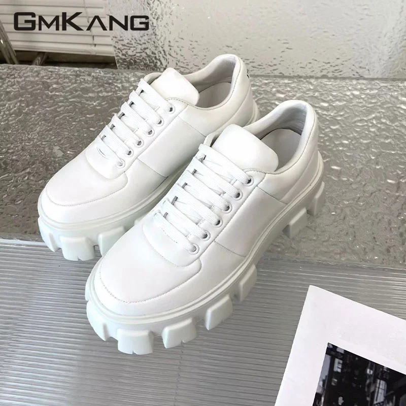 Hot Genuine Leather Sneakers Women Lace Up White Shoes Female Thick Sole Height Increasing Casual Shoes Platform Shoes Woman