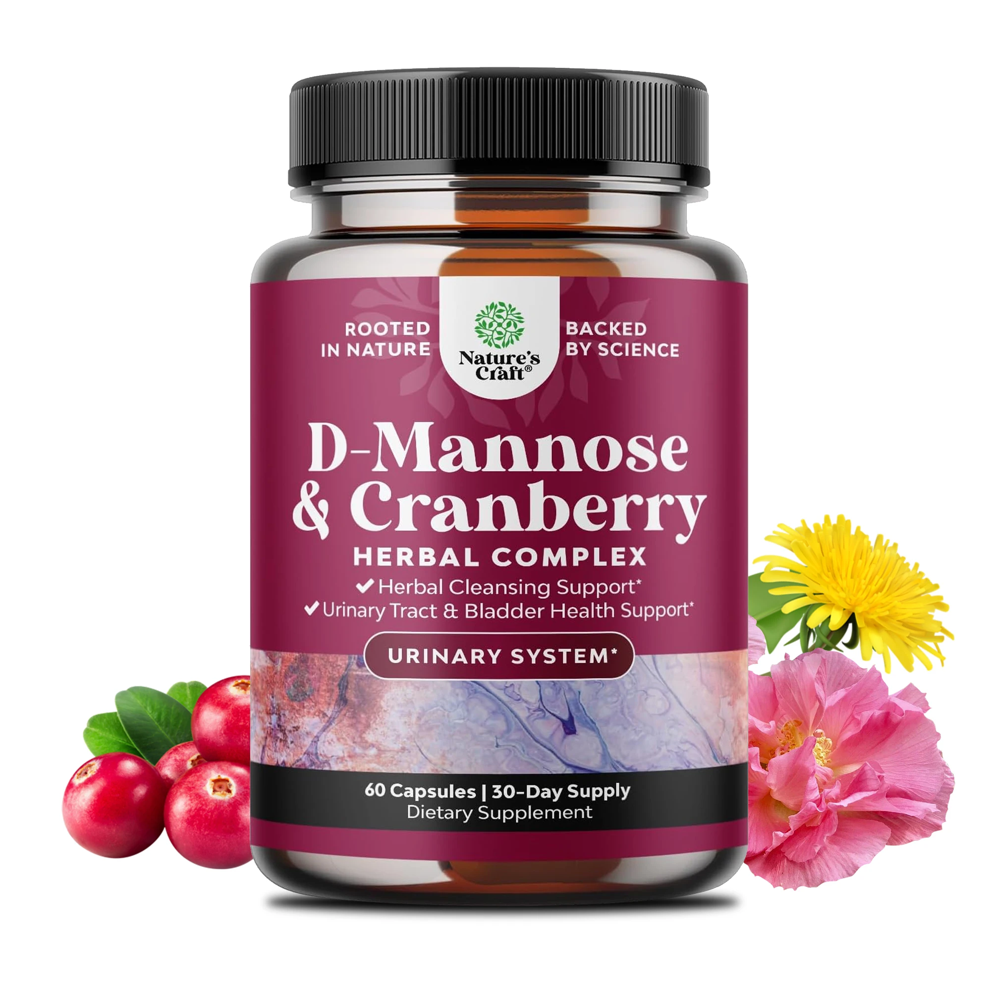 D-Mannose with Cranberry & Hibiscus Extract Capsules, Support Urinary Tract & Bladder Wellness, Natural Internal Cleansing