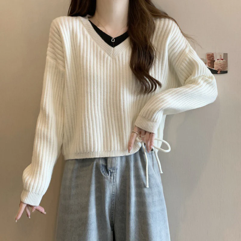 2025 Elegant Fake Two-Piece V-Neck Pullovers Women Chic Design Side Drawstring Knitwear Autumn Korean Gentle Style Casual Tops