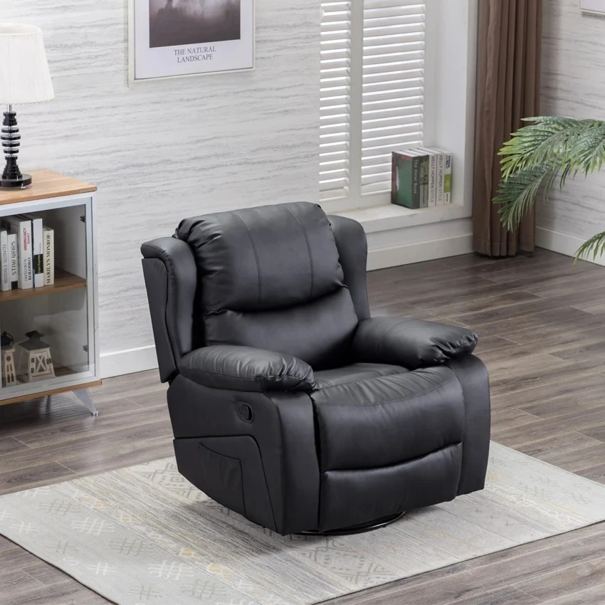 Black Leather Recliner Chair for Living Room Swivel Rocking Comfortable Manual Lounge Seating Sofa for Home Office Decor