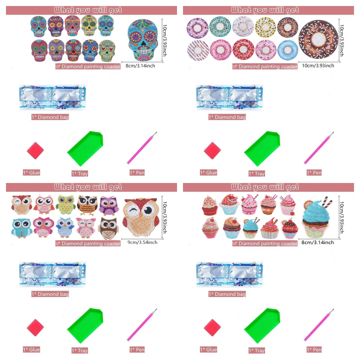 10 DIY diamond painting sets: Skull/Doughnut/Owl/ice cream pattern coasters, shelf-free wooden coasters, living room