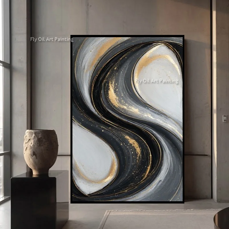 Black Grey White Wave Simple Artwork On Canvas New Hand Made Grey Yellow Abstract Oil Painting Handmade Wall Art For Decor