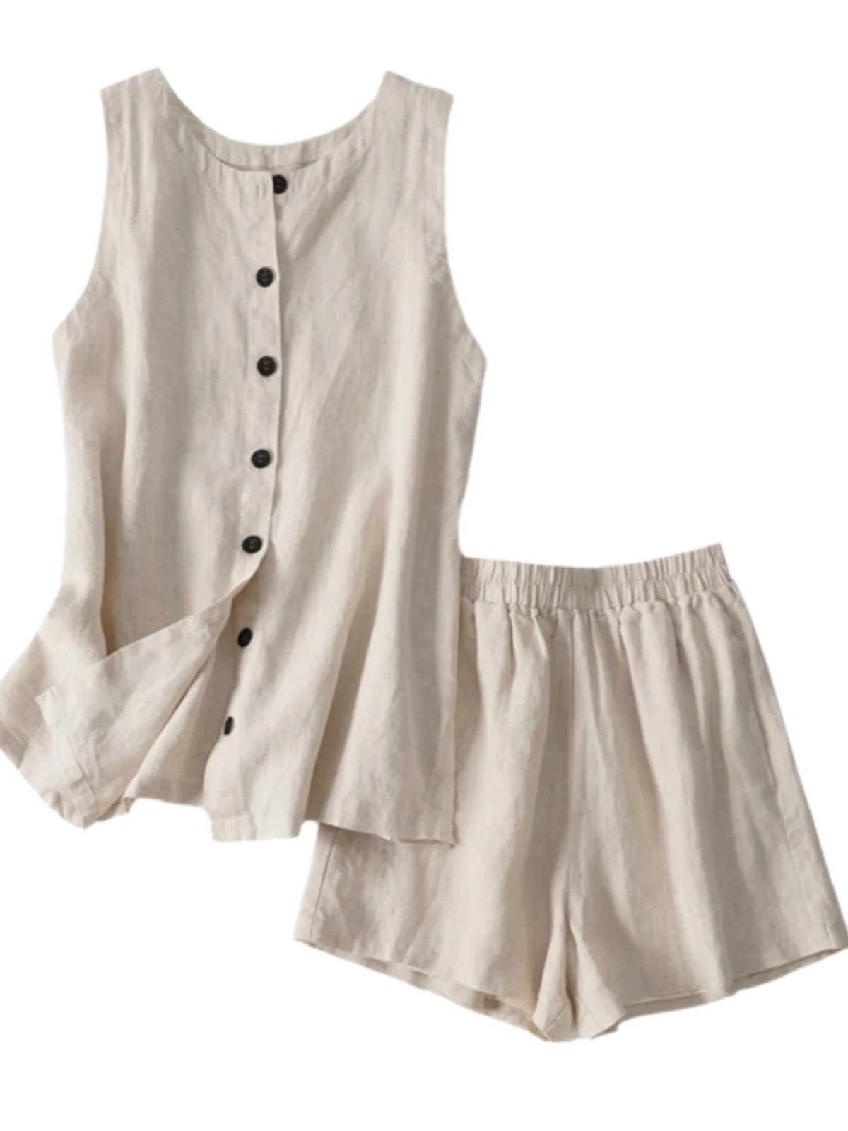 الرجعية القطن الكتان مجموعة المرأة الصيف فضفاضة عارضة Svel تانك الأعلى واسعة الساق orts قطعتين مجموعة Faionable #5