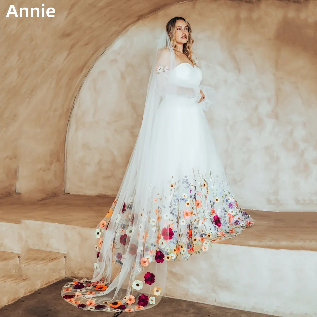 Annie White Princess Wedding Dress Embroidered Floral Tulle Prom Dresses Off-shoulder Elegant Lady Customized Dresses