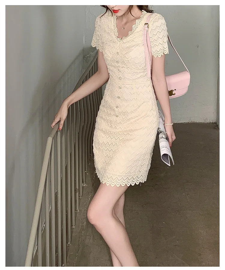 French Romantic Lace Short sleeved Dress with Wave Edge Design for Women's Summer Heavy Industry V-neck Luxury Elegance Dresses