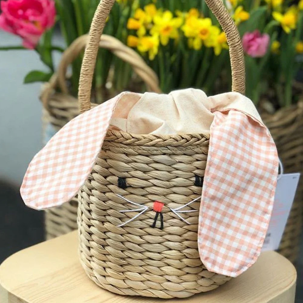 Rattan Bucket Bag for Children's&Adults,Beach Straw Bag,Shoulder Messenger Basket Bag,Handbag with Bunny Ears