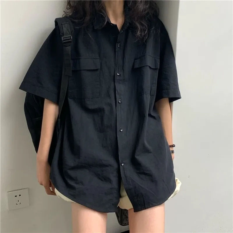 Unisex Shirts Women Japan Style Harajuku Simple Short Sleeve Summer Womens Chic Tops Retro All-match Pockets Trendy Girls New