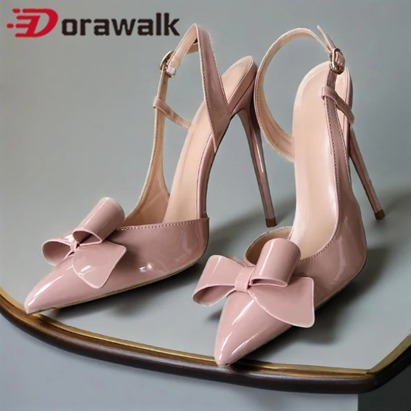 

New Sweet Bowknot Decorate Fashion Women's Sexy Dress 12cm/10cm Summer Sandal High Heels Glossy Pointed Toe Ladies Shoes