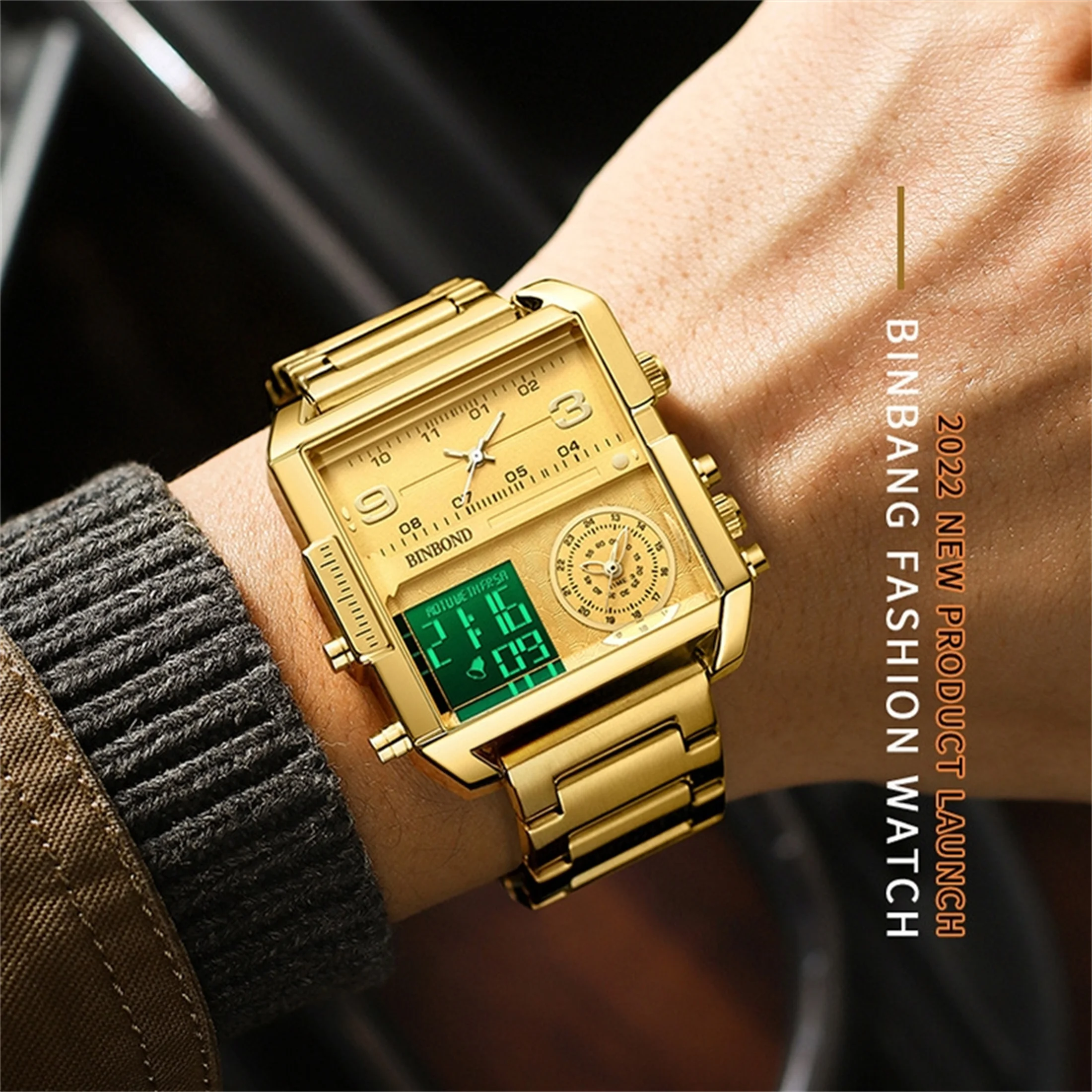 Golden Double Display Square Luxury Business Quartz Watches Mens Clock Stainless Steel Band Wristwatches Designers Watch 3332