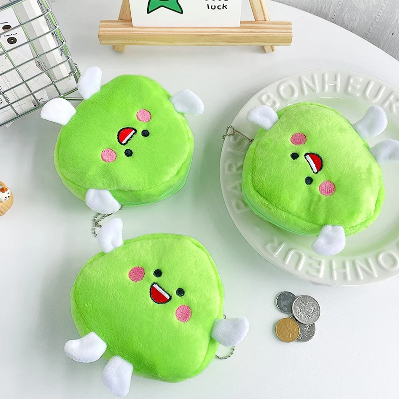 Cute Green Plush Coin Purse Keychain Pendant Wallet Storage Bag Lipstick Bag Data Cable Organizer Earphone Bag Decor Gifts