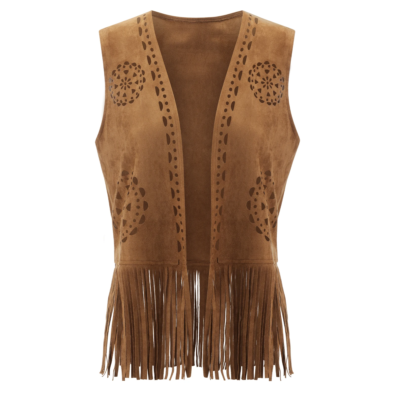 Puloru Fringe Faux Suede Vests Women's Casual Sleeveless Open Front Tassel Hippie Jackets Western Style Streetwear Outwears