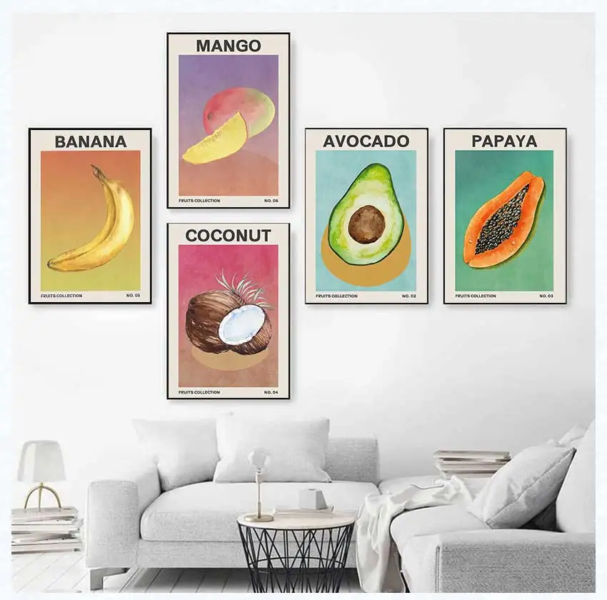 1pc frameless Midcentury Modern Tropical Fruit Vegetable Poster Avocado Banana Garlic Onion Vegetarian Wall Art  Kitchen Room Ho