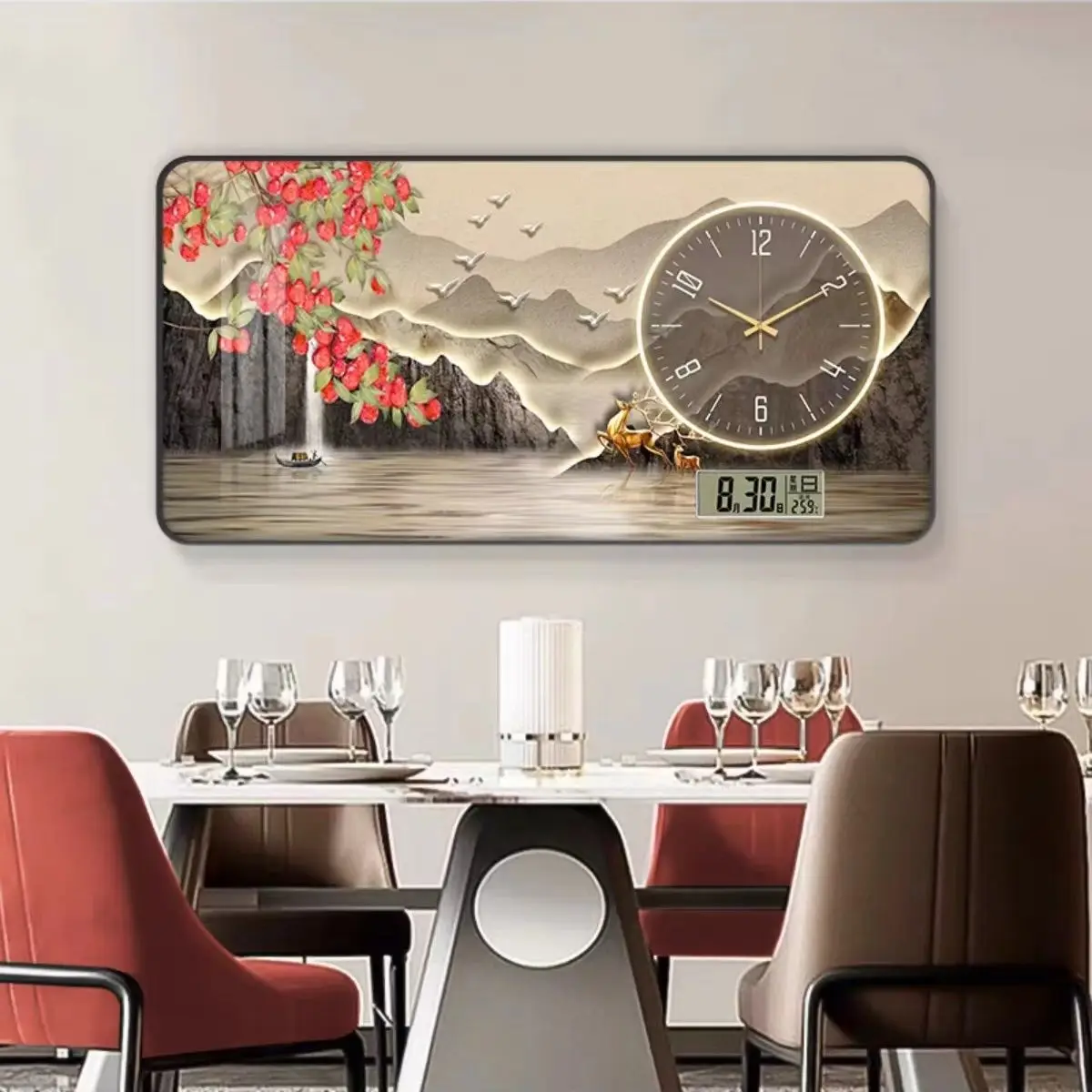 Wall Clock Home Decor Living Room Decoration Landscape Painting Perpetual Calendar Timepiece Wall Decoration