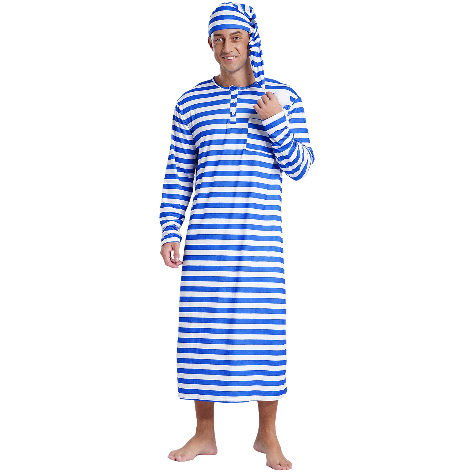 Men Striped Sleep Robe with Hat Christmas Sleepwear Set Long Sleeve Loose Long Robe Adjustable Hat with Pom-pom Nightwear