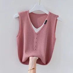 Summer Women Thin Fake Two Piece Knitted Tank Top Korean New V-neck Button Slim Fashion Wear Outside Casual Sleeveless Vest 2024